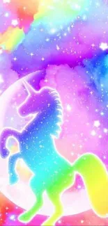 Vibrant rainbow unicorn on a celestial background mobile wallpaper.