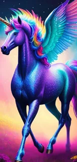 Colorful unicorn with rainbow mane and wings in a fantasy landscape.