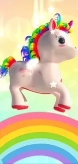 Vibrant unicorn with rainbow mane and stars on pastel background.