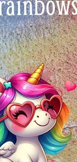 Cute unicorn with rainbow mane and heart-shaped glasses on a vibrant background.