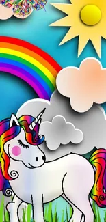 Cartoon unicorn with rainbow and sun on blue sky.