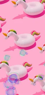 Unicorn float pattern on a pink background for mobile wallpaper.