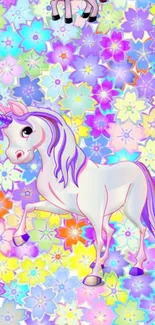 Vibrant unicorn with a floral rainbow backdrop.