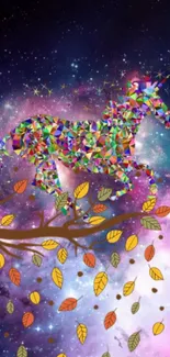 Colorful geometric unicorn in galaxy with leaves.