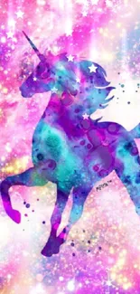 Vibrant unicorn set in a colorful galaxy background with stars and nebula.