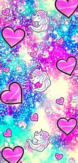 Vibrant unicorn and heart galaxy wallpaper in pink and blue tones.