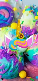 A vibrant unicorn-themed ice cream wallpaper with colorful, whimsical swirls.