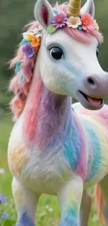 Colorful unicorn standing in a flower field with a rainbow mane.