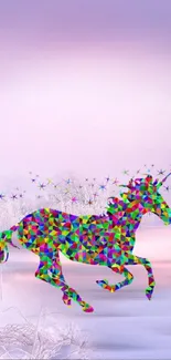 Vibrant unicorn galloping in a frosty pastel landscape.