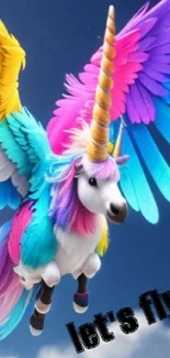 Vibrant unicorn with rainbow wings flying in a starlit sky.