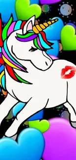 Colorful unicorn with rainbow mane on heart-themed mobile wallpaper.