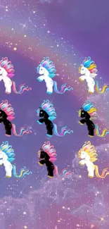 Colorful unicorns on a starry galaxy background wallpaper.