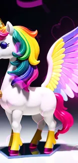 Colorful unicorn with rainbow mane and wings on a mobile wallpaper.