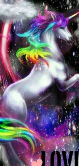 Vibrant unicorn with colorful mane on a starry background wallpaper.