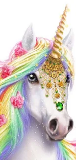 Rainbow-maned unicorn with golden horn art.