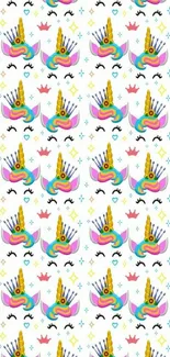 Colorful unicorn pattern wallpaper with white background.