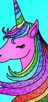 Colorful unicorn with rainbow mane on cyan background wallpaper.