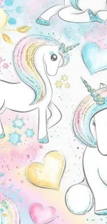 Colorful unicorn wallpaper with pastel hues and whimsical designs.