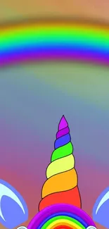 Unicorn horn with rainbow on vibrant background.