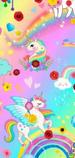 Colorful unicorns and rainbows wallpaper for mobile.