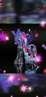 Vibrant unicorn with stars and colorful mane on a dark background.