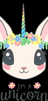 Cute unicorn with floral crown on black background.