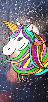 Rainbow-maned unicorn on rainy window wallpaper.