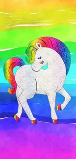 Colorful unicorn with rainbow mane on a vibrant background.