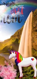 Rainbow unicorn by a waterfall with colorful scenic background.