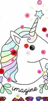 Pastel unicorn surrounded by colorful flowers.