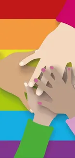 Diverse hands on a rainbow background representing unity and diversity.