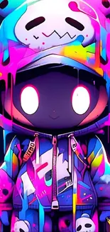 Vibrant anime character with neon colors in a colorful hoodie.