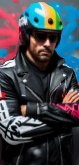 Biker in a leather jacket stands against colorful graffiti.