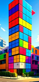 Colorful urban building with vibrant geometric design.