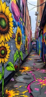 Graffiti alley with vibrant sunflowers and colorful murals.