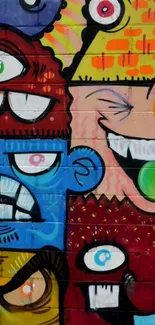 Vibrant graffiti art with colorful characters on a brick wall background.