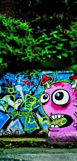 Colorful graffiti with pink character on an urban wall.