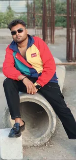 Stylish person in colorful jacket sitting outdoors.