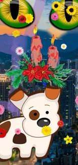 Vibrant cartoon dog in a colorful cityscape with flowers and mystical elements.