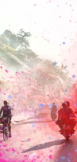 Vibrant urban street filled with color and life, featuring bikes and pedestrians.