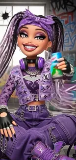 Trendy cartoon character with urban graffiti background