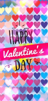 Vibrant Valentine's Day wallpaper with colorful heart pattern and sky blue background.