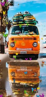 Orange van with surfboards and butterflies reflection on wet pavement.