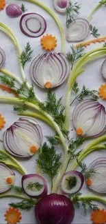 Colorful vegetable art wallpaper with onions and carrots.