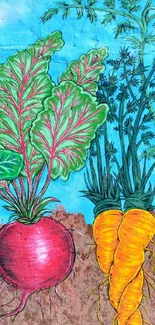 Vibrant vegetable garden art with colorful roots and green leaves.