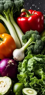 A vibrant array of fresh vegetables including peppers and broccoli.