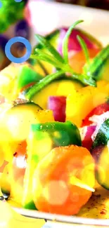 Colorful vegetable skewers on a plate with vibrant greens and fresh veggies.