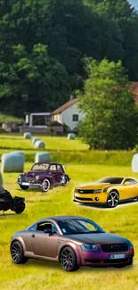 Classic cars and motorbike on a lush countryside background.