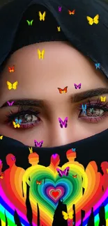 Veiled eyes with rainbow silhouettes and hearts, symbol of diversity.