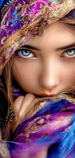 Woman with colorful veil and vivid eyes.